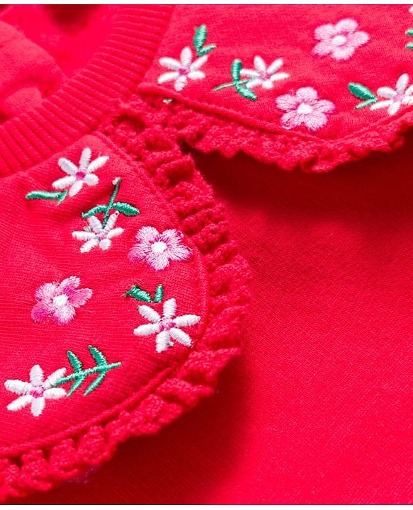Babyhug Cotton Knit Full Sleeves Sweatshirt with Peter Pan Collar Floral Embroidery & Kangaroo Pocket - Red