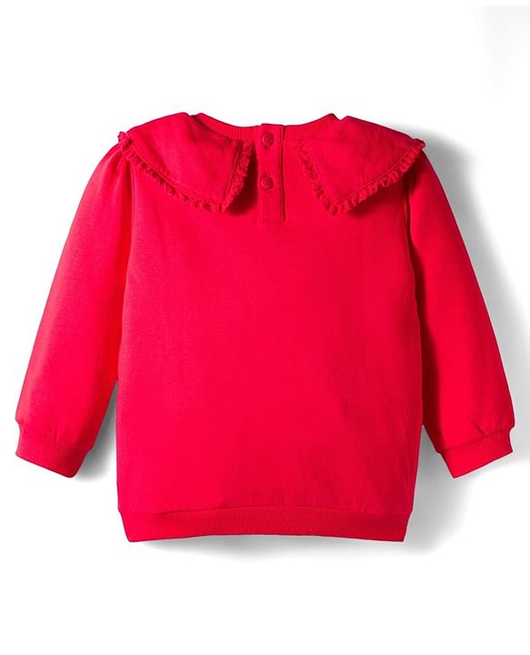 Babyhug Cotton Knit Full Sleeves Sweatshirt with Peter Pan Collar Floral Embroidery & Kangaroo Pocket - Red