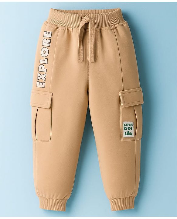 Babyhug French Terry Knit Full Length Lounge Pant With Text Print - Brown