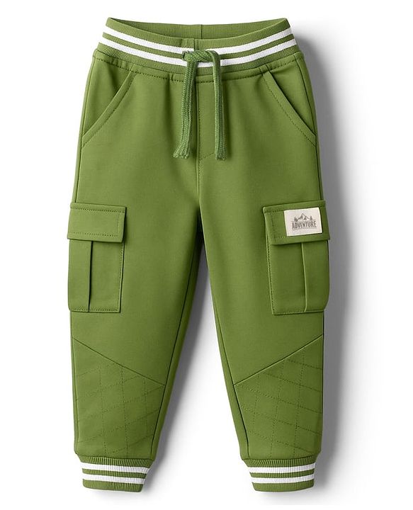 Babyhug French Terry Knit Full Length Lounge Pant with Pockets & Adventure Text Print - Green