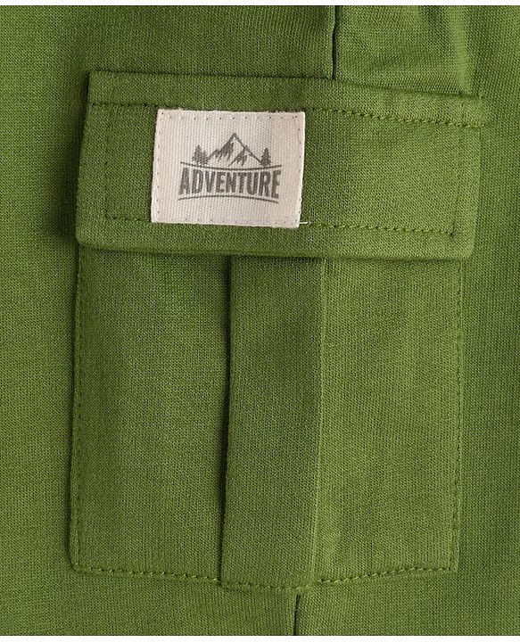 Babyhug French Terry Knit Full Length Lounge Pant with Pockets & Adventure Text Print - Green
