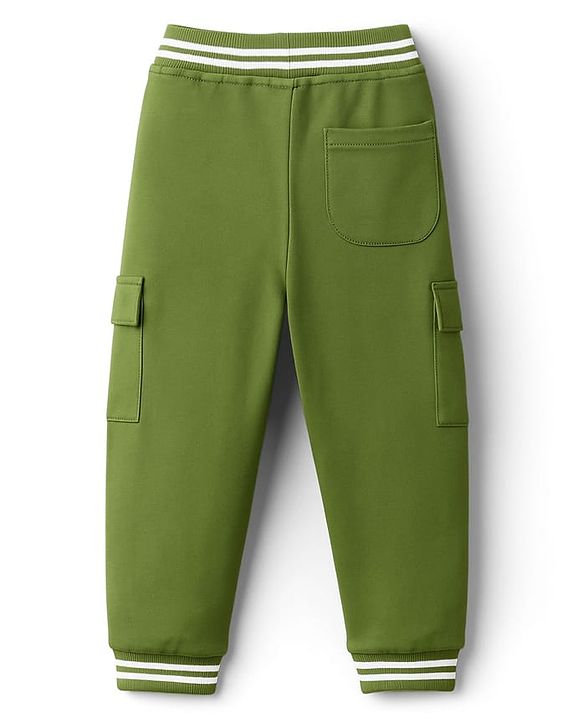 Babyhug French Terry Knit Full Length Lounge Pant with Pockets & Adventure Text Print - Green