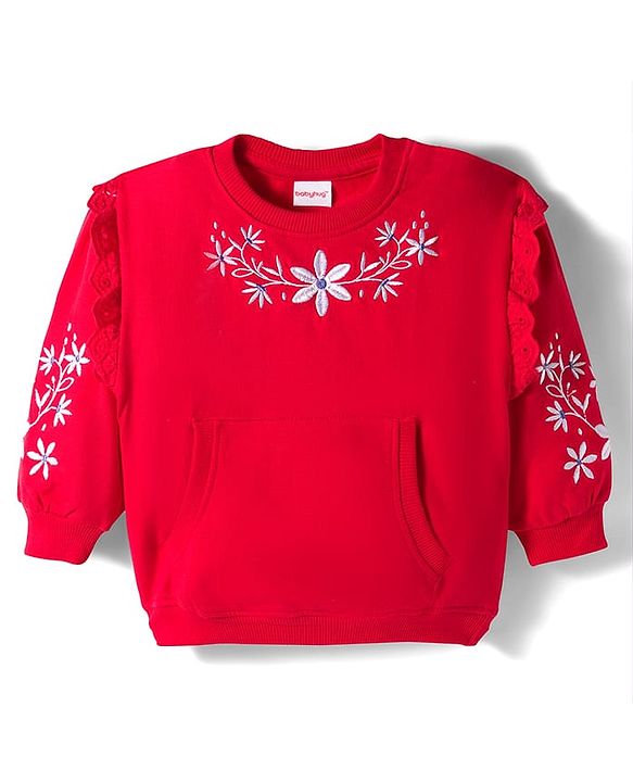 Babyhug Cotton Knit Full Sleeves Sweatshirt With Floral Embroidery & Kangaroo Pockets - Red