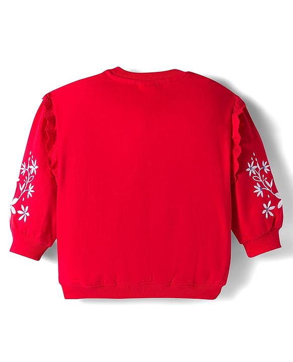 Babyhug Cotton Knit Full Sleeves Sweatshirt With Floral Embroidery & Kangaroo Pockets - Red