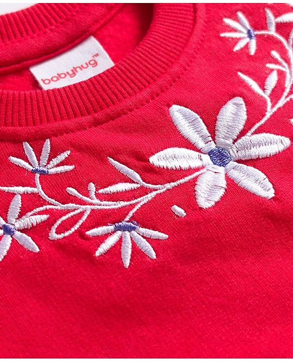 Babyhug Cotton Knit Full Sleeves Sweatshirt With Floral Embroidery & Kangaroo Pockets - Red