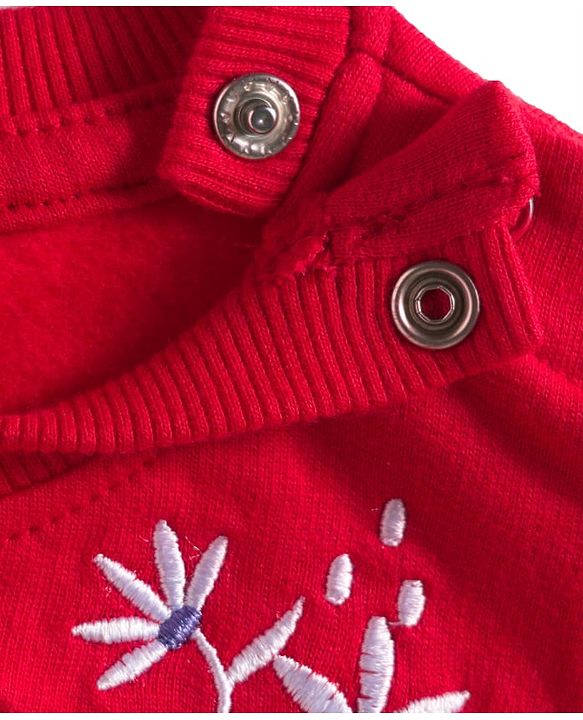 Babyhug Cotton Knit Full Sleeves Sweatshirt With Floral Embroidery & Kangaroo Pockets - Red