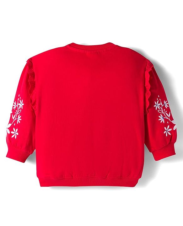 Babyhug Cotton Knit Full Sleeves Sweatshirt With Floral Embroidery & Kangaroo Pockets - Red