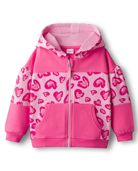 Babyhug Cotton Knit Full Sleeves Hooded Sweatjacket With Heart Print & Kangaroo Pockets - Pink