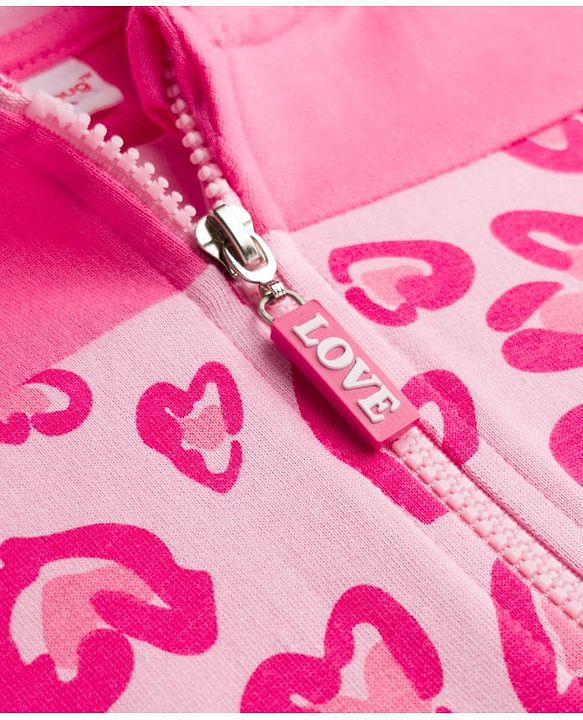 Babyhug Cotton Knit Full Sleeves Hooded Sweatjacket With Heart Print & Kangaroo Pockets - Pink