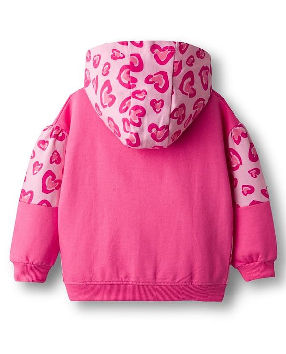 Babyhug Cotton Knit Full Sleeves Hooded Sweatjacket With Heart Print & Kangaroo Pockets - Pink