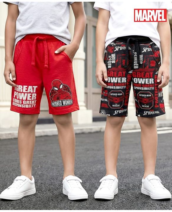 Pine Kids Marvel Terry Knit Knee Length Shorts with Spiderman Graphics Pack of 2 - Red & Black