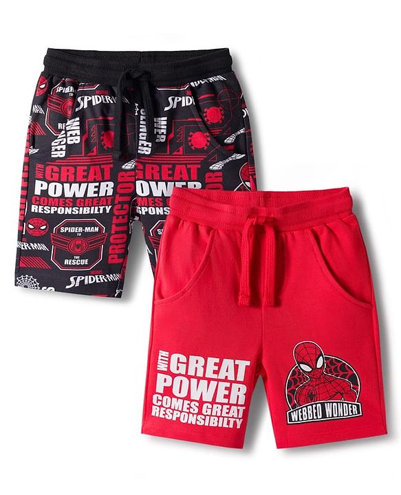 Pine Kids Marvel Terry Knit Knee Length Shorts with Spiderman Graphics Pack of 2 - Red & Black