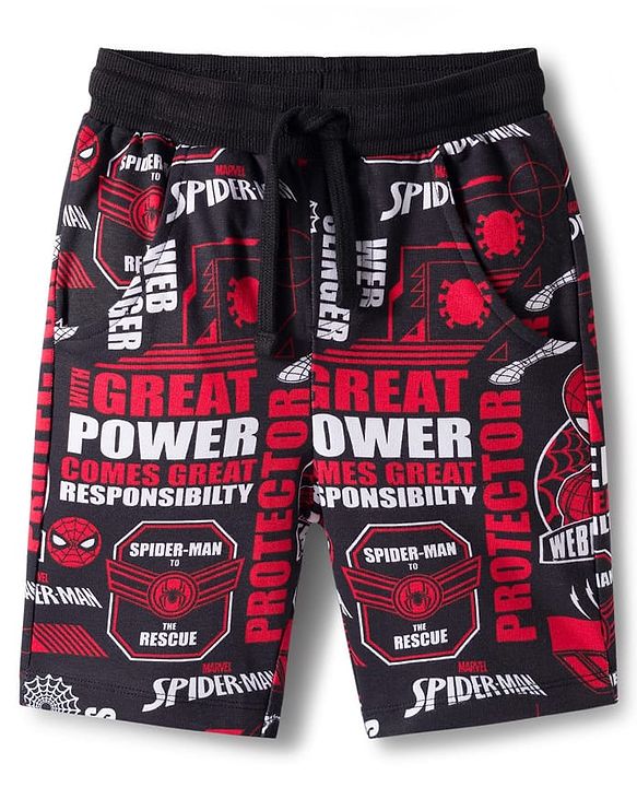 Pine Kids Marvel Terry Knit Knee Length Shorts with Spiderman Graphics Pack of 2 - Red & Black