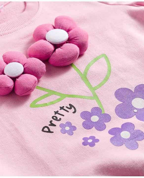 Babyhug Cotton Knit Full Sleeves Sweatshirt With Floral Print & Applique - Pink