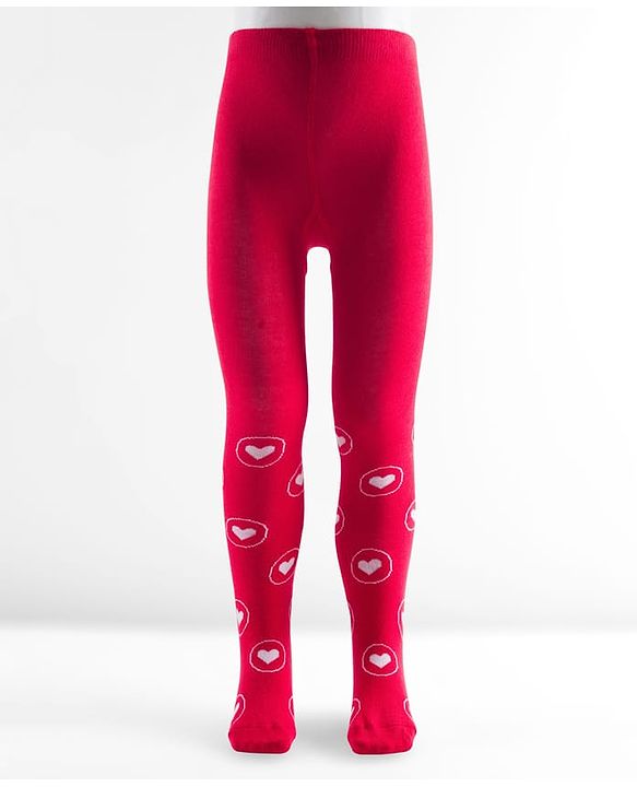 Cute Walk by Babyhug Cotton Knit Anti-bacterial Footed Tights with Heart Print - Red