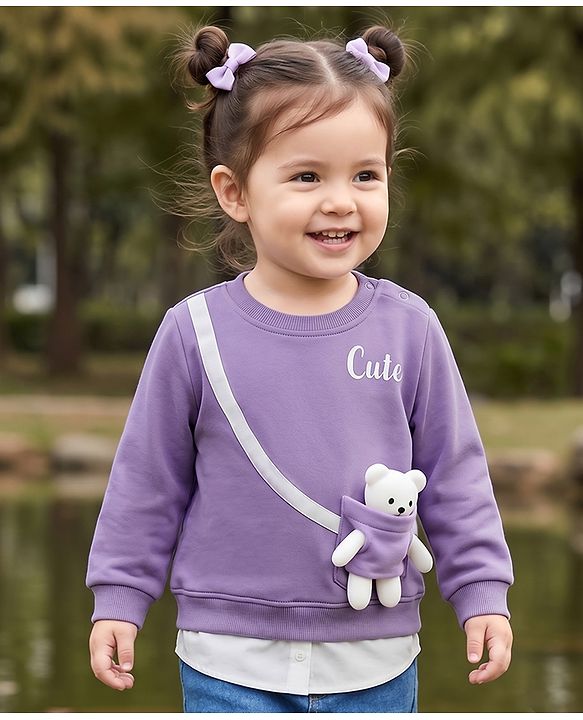 Babyhug Cotton Knit Full Sleeves Overlapped Sweatshirt With Teddy Bear Applique - Purple