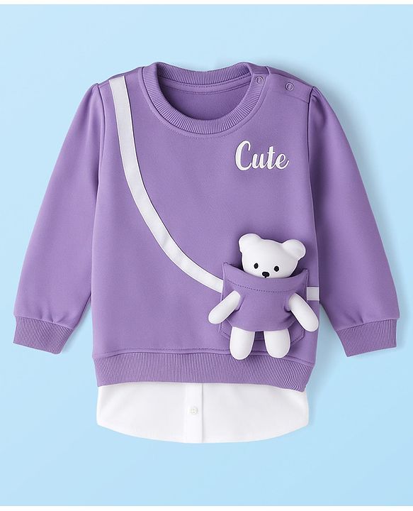 Babyhug Cotton Knit Full Sleeves Overlapped Sweatshirt With Teddy Bear Applique - Purple