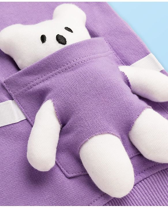 Babyhug Cotton Knit Full Sleeves Overlapped Sweatshirt With Teddy Bear Applique - Purple
