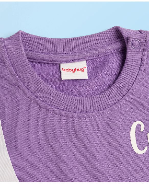 Babyhug Cotton Knit Full Sleeves Overlapped Sweatshirt With Teddy Bear Applique - Purple
