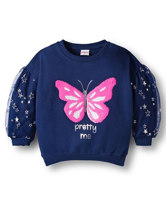 Babyhug Cotton Knit Full Sleeves Sweatshirt with Foil Print & Butterfly Reversible Sequin Detailing - Navy Blue