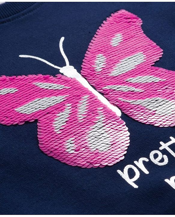 Babyhug Cotton Knit Full Sleeves Sweatshirt with Foil Print & Butterfly Reversible Sequin Detailing - Navy Blue