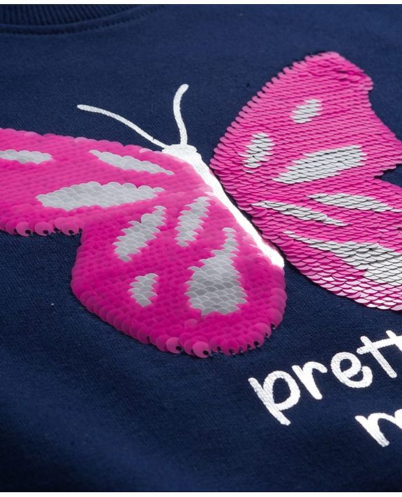 Babyhug Cotton Knit Full Sleeves Sweatshirt with Foil Print & Butterfly Reversible Sequin Detailing - Navy Blue