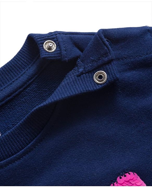 Babyhug Cotton Knit Full Sleeves Sweatshirt with Foil Print & Butterfly Reversible Sequin Detailing - Navy Blue