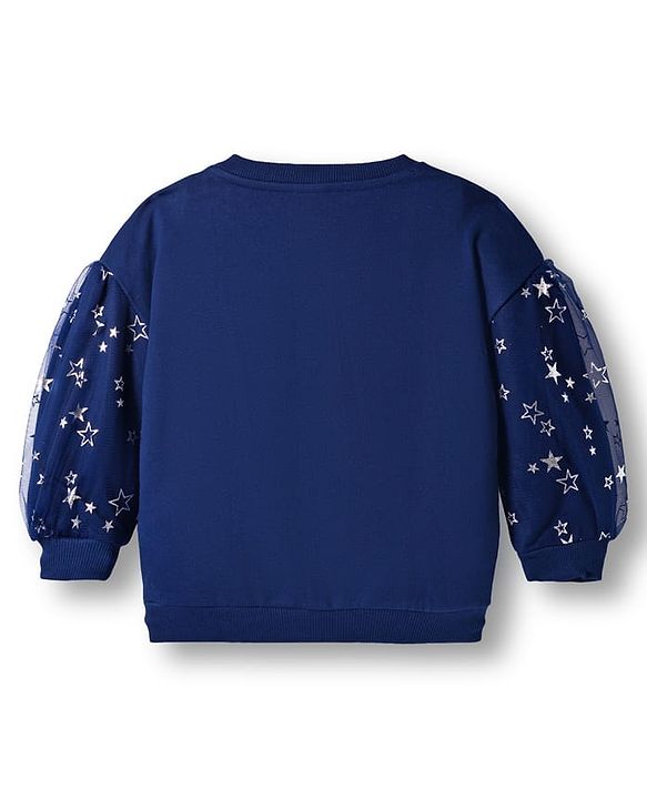 Babyhug Cotton Knit Full Sleeves Sweatshirt with Foil Print & Butterfly Reversible Sequin Detailing - Navy Blue