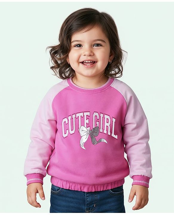 Babyhug Cotton Knit Full Raglan Sleeves Pullover Sweatshirt with Text Graphics - Pink