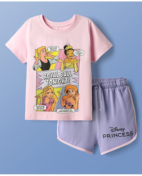Pine Kids Disney Single Jersey Knit Half Sleeves Shorts Night Suit with Disney Princess Graphics - Pink & Lilac