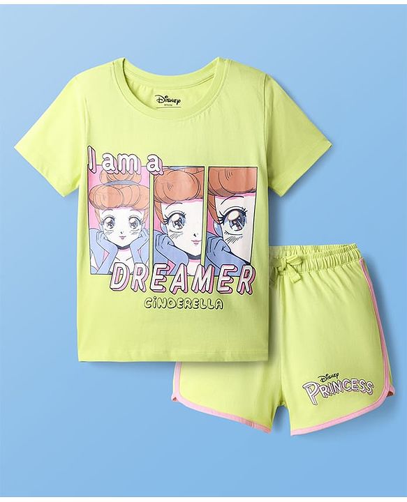 Pine Kids Disney Single Jersey Knit Half Sleeves Shorts Night Suit with Disney Princess Cinderella Graphics - Limegreen