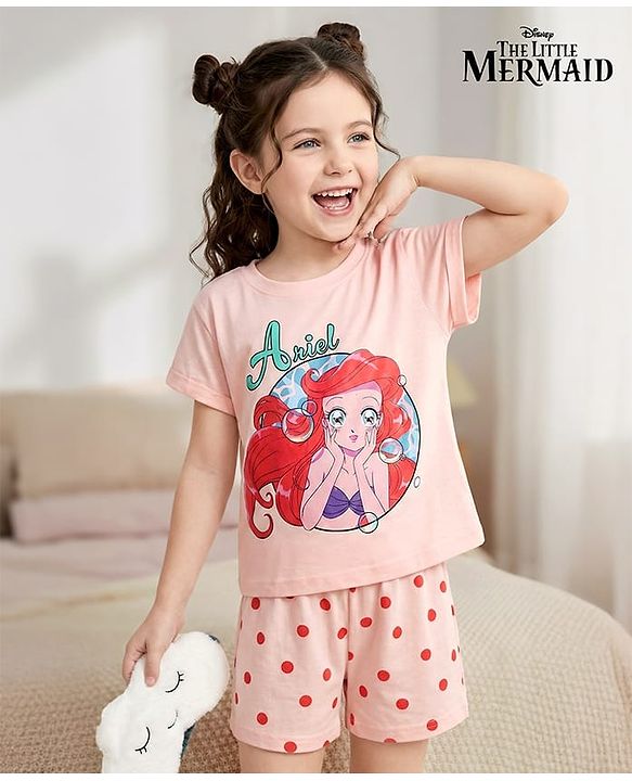 Pine Kids Disney Single Jersey Knit Half Sleeves Shorts Night Suit with Disney Princess Ariel Graphics - Pink
