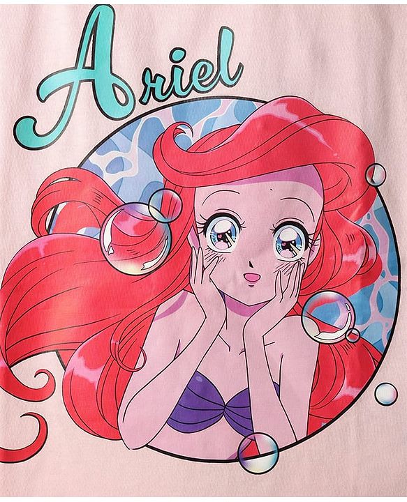 Pine Kids Disney Single Jersey Knit Half Sleeves Shorts Night Suit with Disney Princess Ariel Graphics - Pink