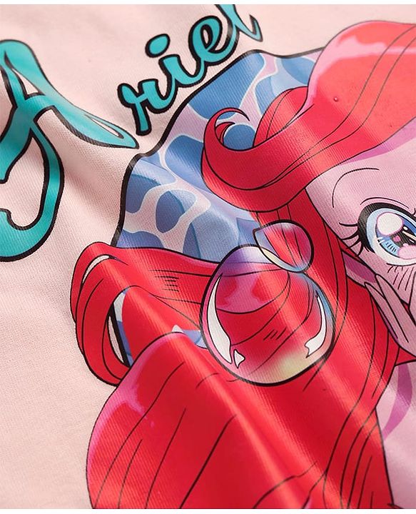 Pine Kids Disney Single Jersey Knit Half Sleeves Shorts Night Suit with Disney Princess Ariel Graphics - Pink