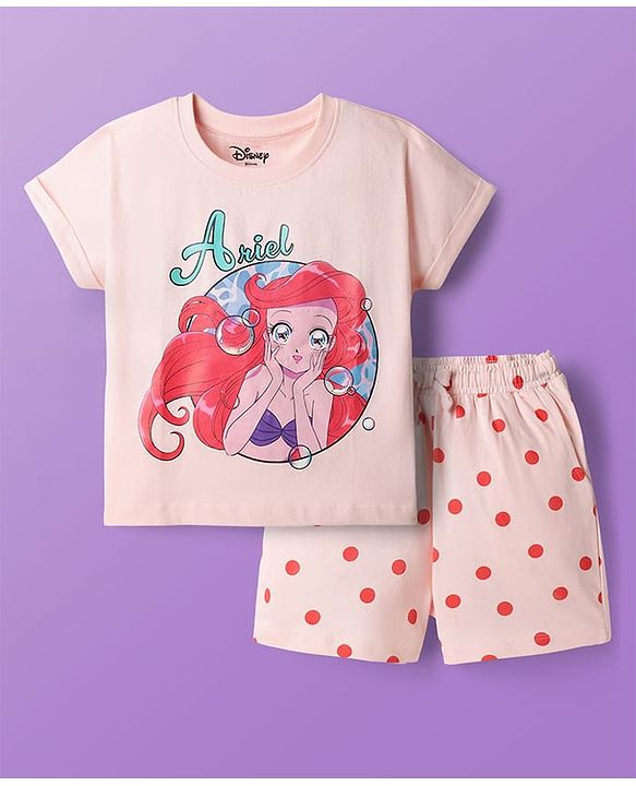 Pine Kids Disney Single Jersey Knit Half Sleeves Shorts Night Suit with Disney Princess Ariel Graphics - Pink