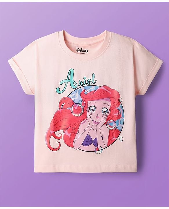 Pine Kids Disney Single Jersey Knit Half Sleeves Shorts Night Suit with Disney Princess Ariel Graphics - Pink
