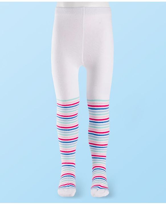 Cutewalk by Babyhug Cotton Knit Anti Bacterial Footed Tights With Stripes Design - White