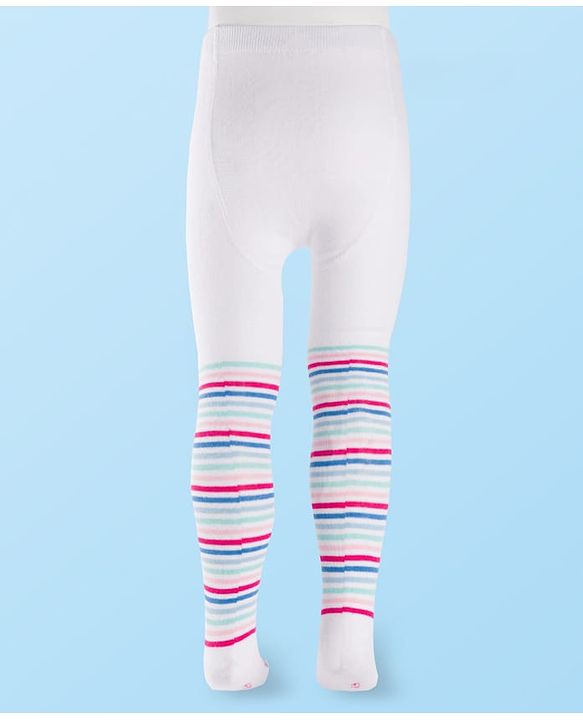 Cutewalk by Babyhug Cotton Knit Anti Bacterial Footed Tights With Stripes Design - White