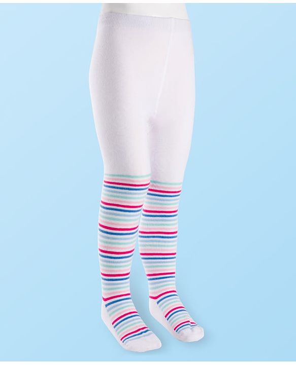 Cutewalk by Babyhug Cotton Knit Anti Bacterial Footed Tights With Stripes Design - White