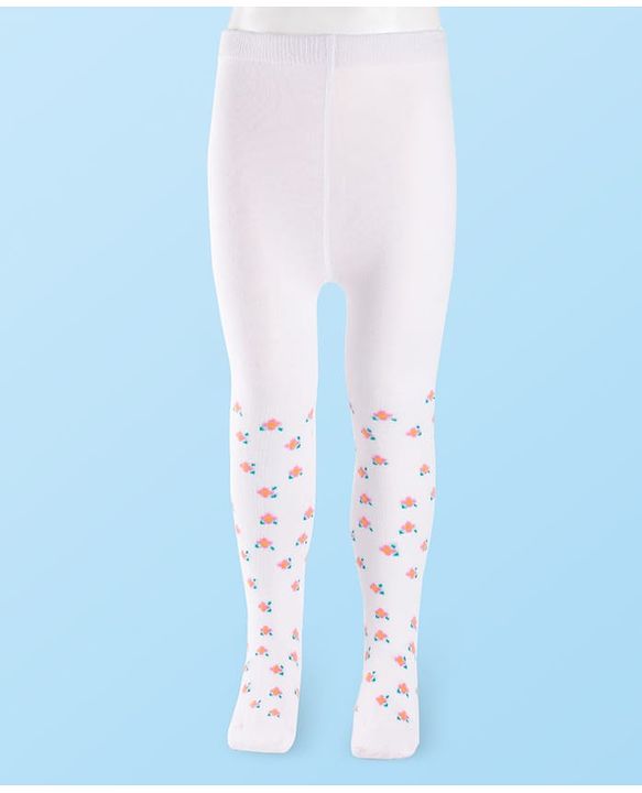 Cutewalk by Babyhug Cotton Knit Anti Bacterial Footed Tights With Floral Design - White