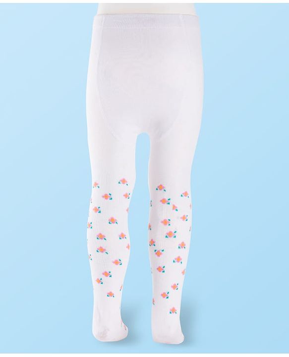 Cutewalk by Babyhug Cotton Knit Anti Bacterial Footed Tights With Floral Design - White