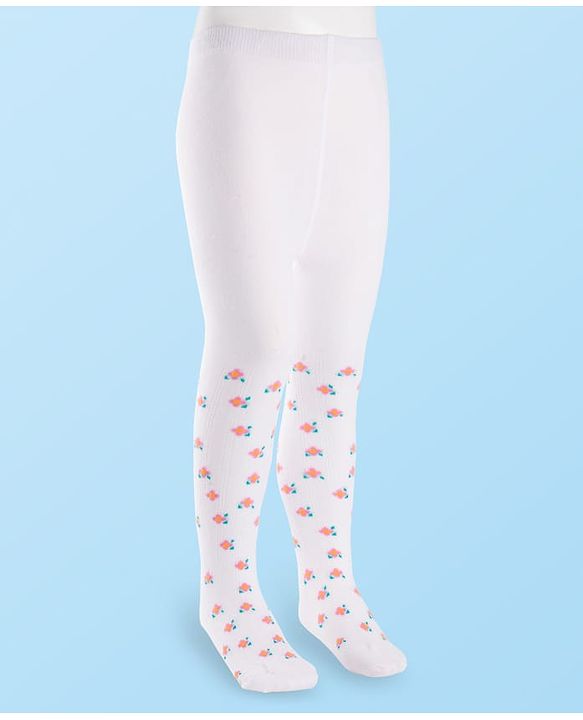 Cutewalk by Babyhug Cotton Knit Anti Bacterial Footed Tights With Floral Design - White