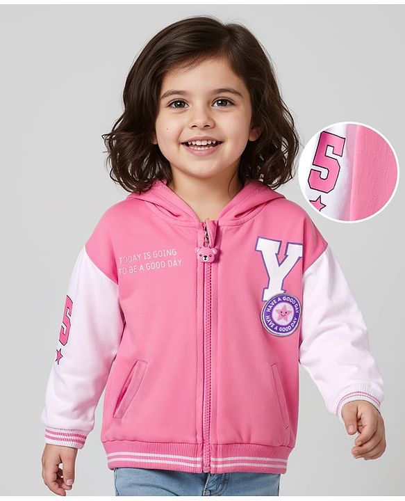 Babyhug Cotton Knit Full Sleeves Front Open Hooded Sweatshirt with Awesome Teddy Back Graphics - Pink