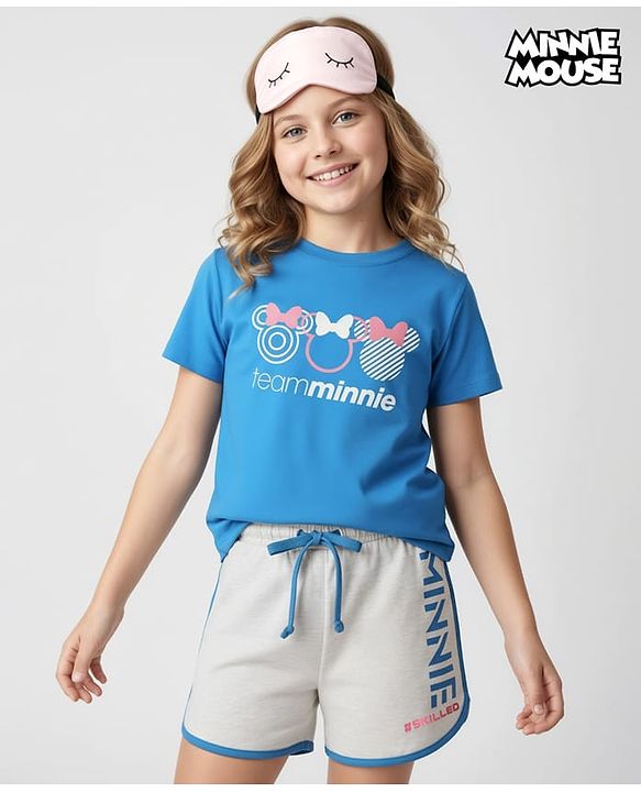 Pine Kids Disney Single Jersey Knit Half Sleeves Shorts Night Suit with Minnie Mouse Graphics - Blue