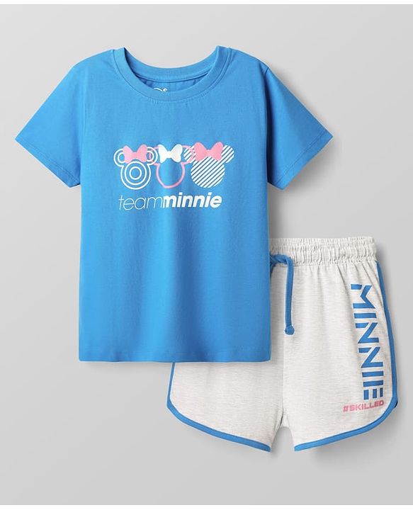 Pine Kids Disney Single Jersey Knit Half Sleeves Shorts Night Suit with Minnie Mouse Graphics - Blue