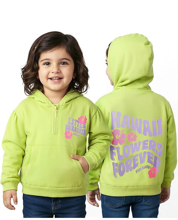 Babyhug Cotton Knit Full Sleeves Hooded Sweatshirt with Front & Back Text Graphics & Kangaroo Pocket - Limegreen