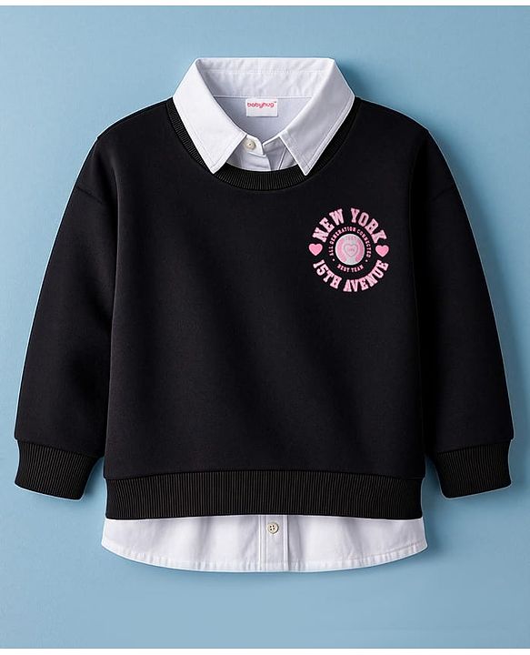 Babyhug Cotton Knit Full Sleeves Twofer Style Sweatshirt with Text Print - Black
