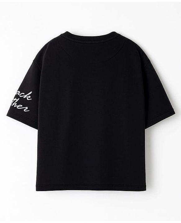 Pine Kids Marvel Terry Knit Oversized Drop Shoulder Half Sleeves T-Shirt with Black Panther Graphic - Black