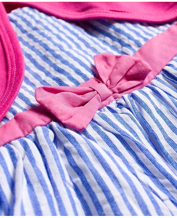 Babyhug Cotton Woven Frock & Half Sleeves Shrug With Strawberry Patch & Bow Applique - White & Dark Pink