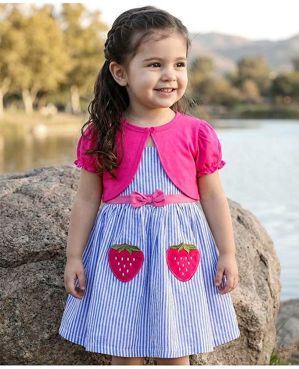 Babyhug Cotton Woven Frock & Half Sleeves Shrug With Strawberry Patch & Bow Applique - White & Dark Pink